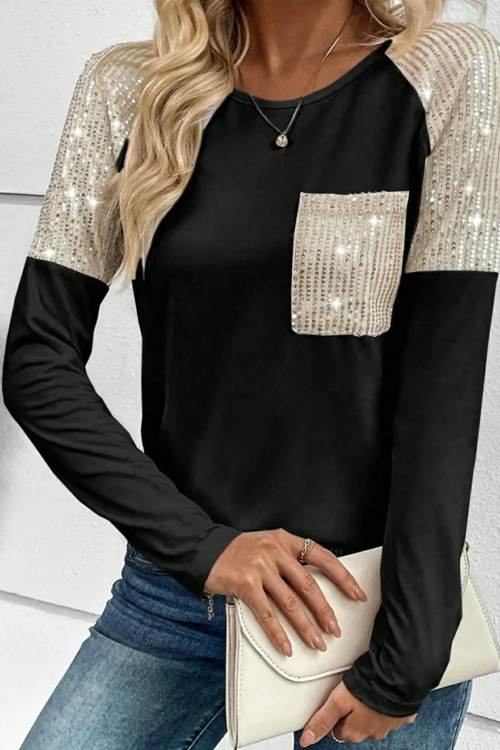 Outlet Dear-Lover Sequin Patch Chest Pocket Raglan Sleeve Top Black