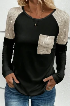 Outlet Dear-Lover Sequin Patch Chest Pocket Raglan Sleeve Top Black