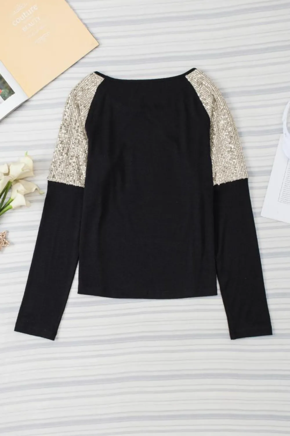 Outlet Dear-Lover Sequin Patch Chest Pocket Raglan Sleeve Top Black