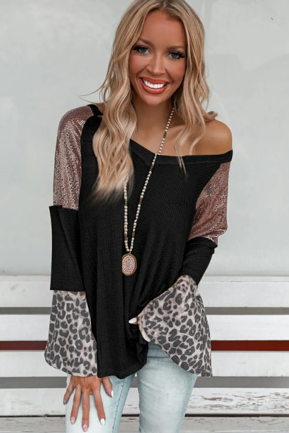 Clearance Dear-Lover Sequin Patchwork Bell Sleeve V Neck Tunic Top Black