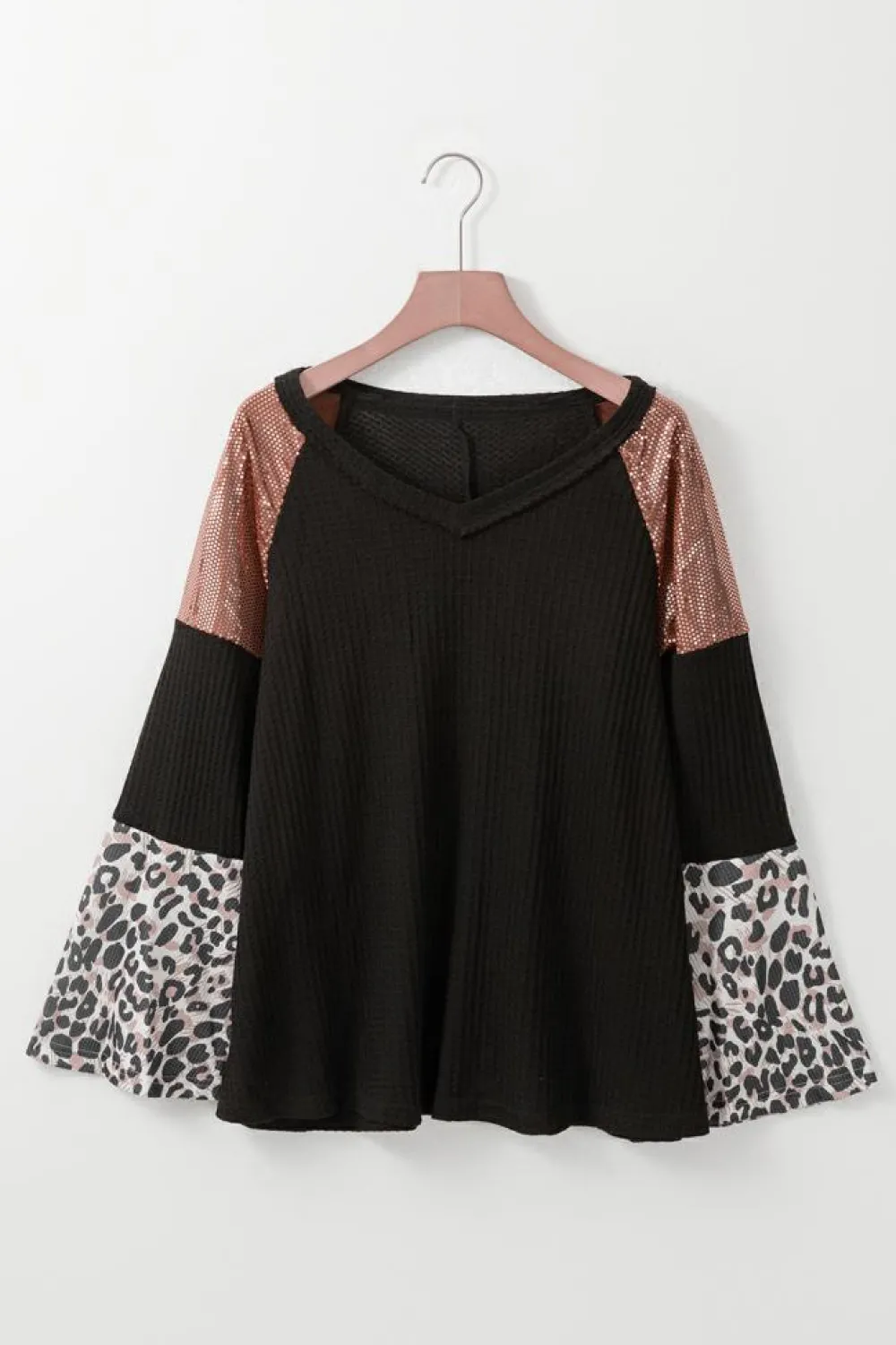 Clearance Dear-Lover Sequin Patchwork Bell Sleeve V Neck Tunic Top Black