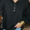 Discount Dear-Lover Sequin Patchwork High Low Hem Henley Sweatshirt Black