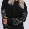 Fashion Dear-Lover Sequin Patchwork Lantern Sleeve Blouse Black