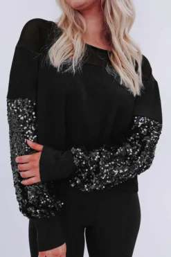 Fashion Dear-Lover Sequin Patchwork Lantern Sleeve Blouse Black