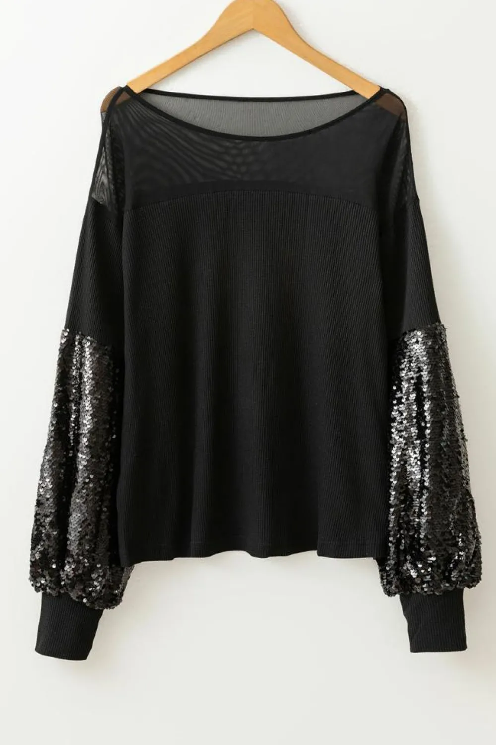 Fashion Dear-Lover Sequin Patchwork Lantern Sleeve Blouse Black