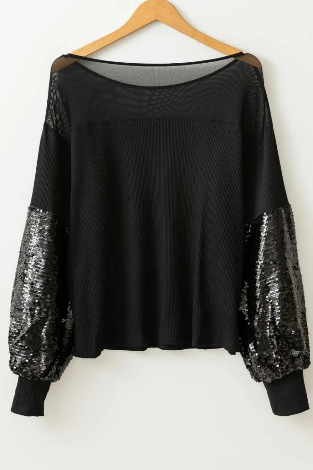 Fashion Dear-Lover Sequin Patchwork Lantern Sleeve Blouse Black