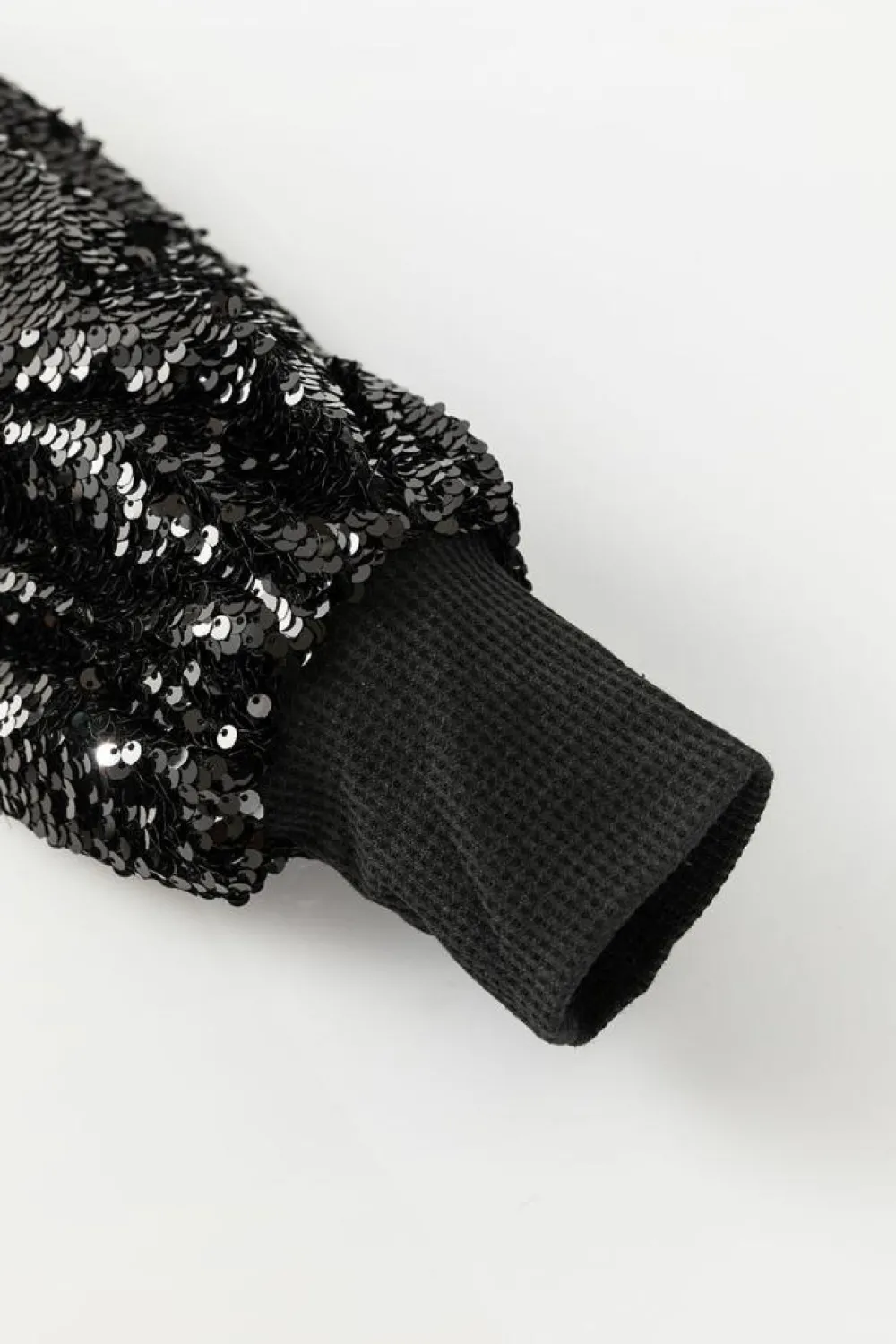 Fashion Dear-Lover Sequin Patchwork Lantern Sleeve Blouse Black