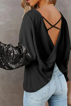 Hot Dear-Lover Sequin Patchwork Sleeve Open Back Waffle Knit Top Black