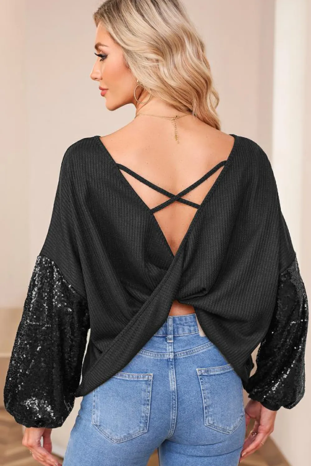Hot Dear-Lover Sequin Patchwork Sleeve Open Back Waffle Knit Top Black