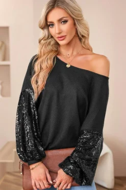 Hot Dear-Lover Sequin Patchwork Sleeve Open Back Waffle Knit Top Black