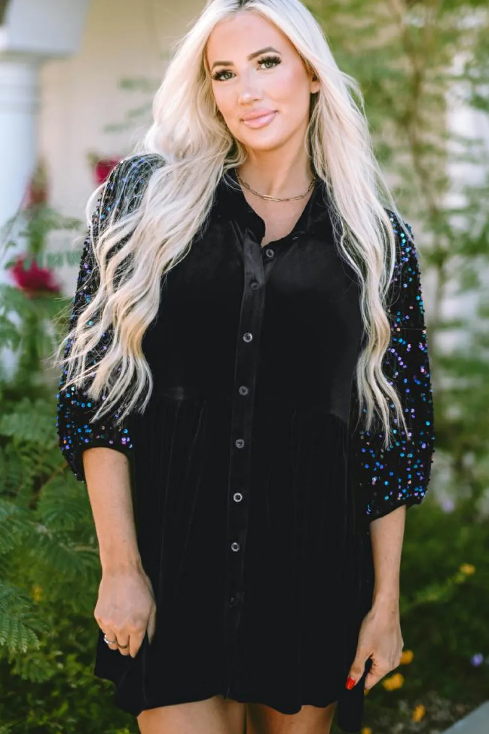 Hot Dear-Lover Sequin Puff Sleeve Buttoned Velvet Peplum Shirt Black