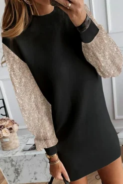 Clearance Dear-Lover Sequin Puff Sleeve Shift Mini Dress Black