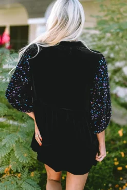 Hot Dear-Lover Sequin Puff Sleeve Buttoned Velvet Peplum Shirt Black