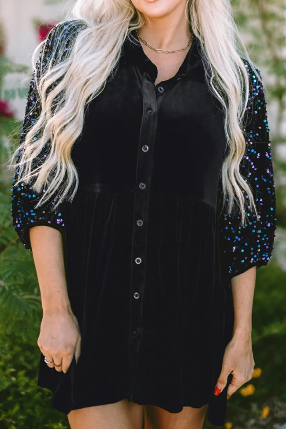 Hot Dear-Lover Sequin Puff Sleeve Buttoned Velvet Peplum Shirt Black