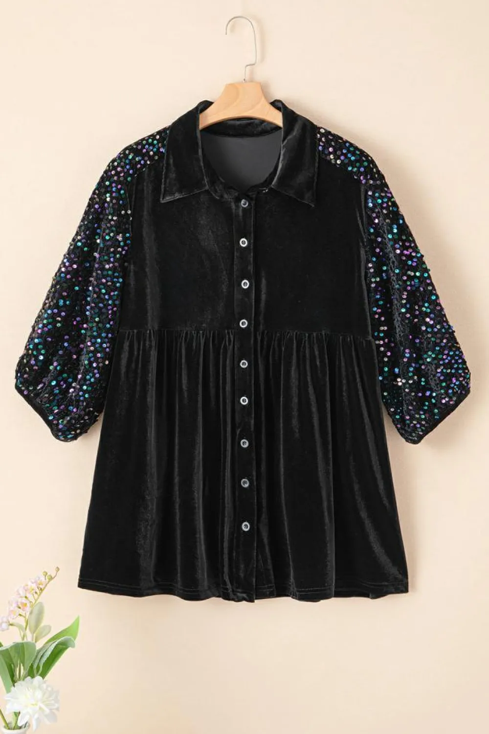 Hot Dear-Lover Sequin Puff Sleeve Buttoned Velvet Peplum Shirt Black