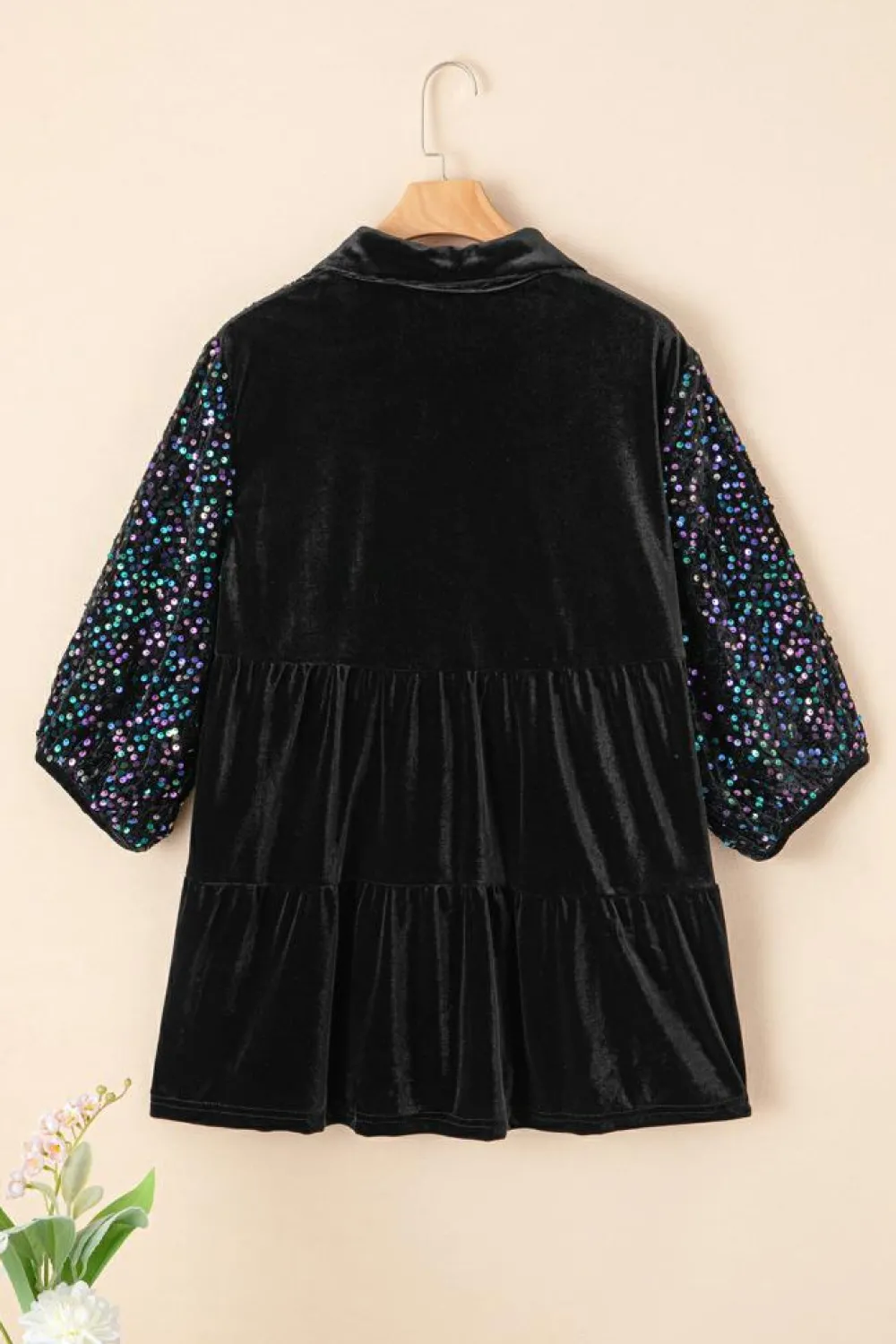 Hot Dear-Lover Sequin Puff Sleeve Buttoned Velvet Peplum Shirt Black