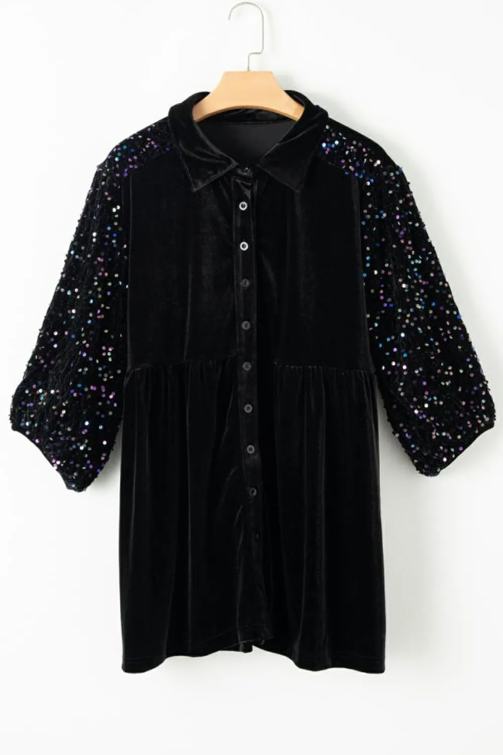 Hot Dear-Lover Sequin Puff Sleeve Buttoned Velvet Peplum Shirt Black
