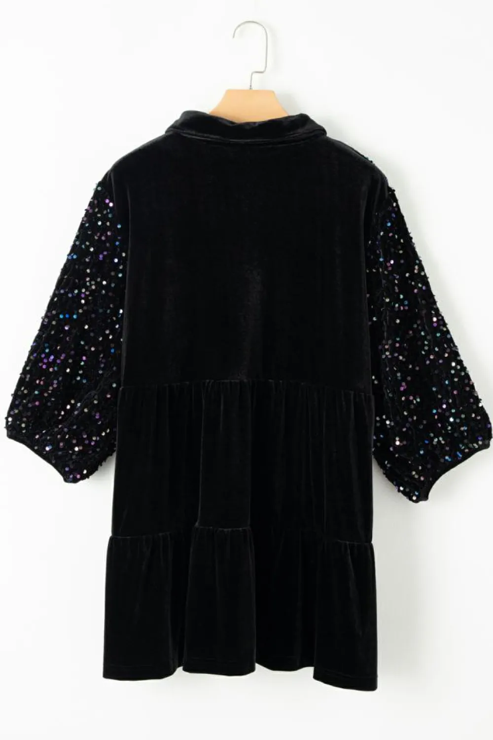Hot Dear-Lover Sequin Puff Sleeve Buttoned Velvet Peplum Shirt Black