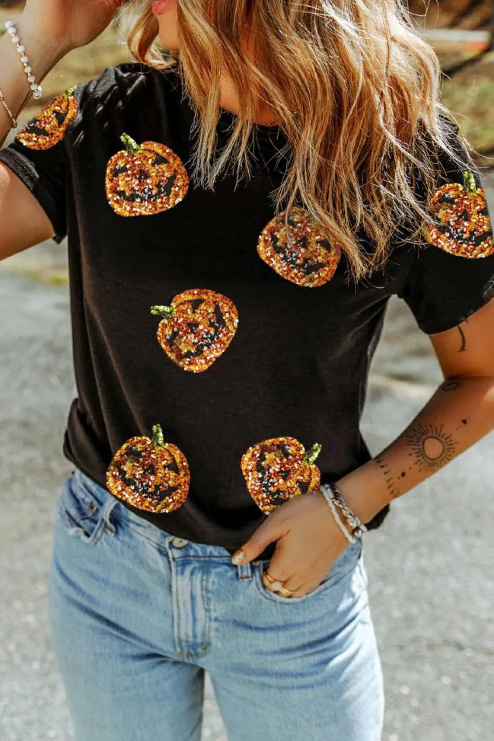 New Dear-Lover Sequin Pumpkin Face Halloween T Shirt Black
