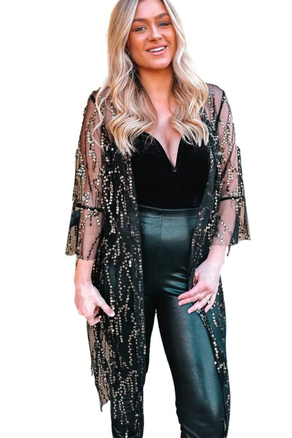 Outlet Dear-Lover Sequin Sheer Long Sleeve Open Front Kimono Black