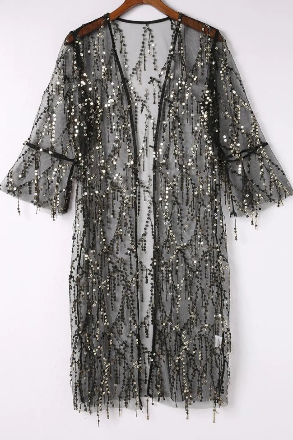 Outlet Dear-Lover Sequin Sheer Long Sleeve Open Front Kimono Black