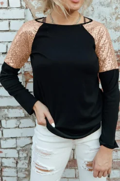 Outlet Dear-Lover Sequin Shoulder Long Sleeve Top Black