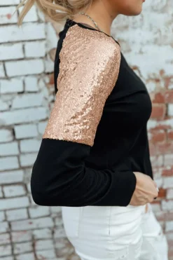 Outlet Dear-Lover Sequin Shoulder Long Sleeve Top Black
