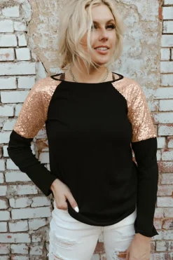 Outlet Dear-Lover Sequin Shoulder Long Sleeve Top Black