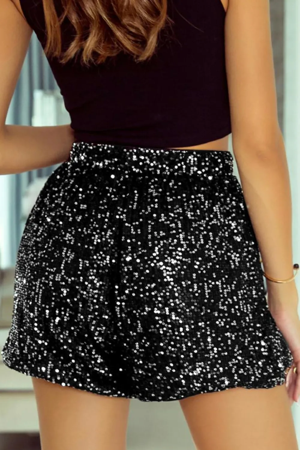 Discount Dear-Lover Sequin Straight Leg High Waist Casual Shorts Black
