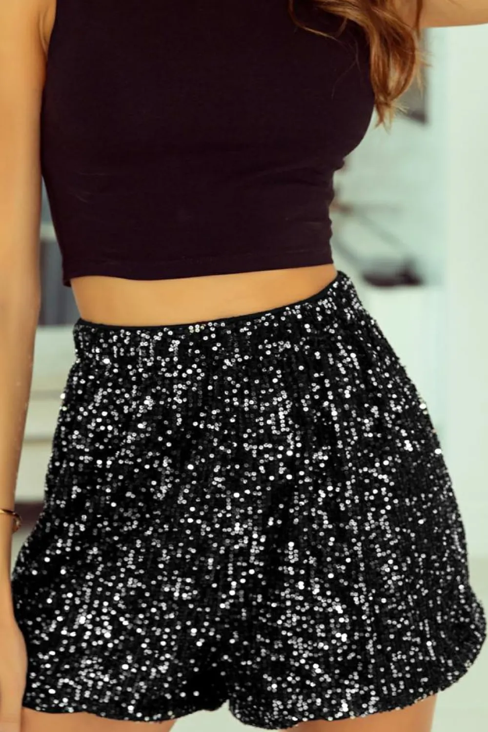Discount Dear-Lover Sequin Straight Leg High Waist Casual Shorts Black