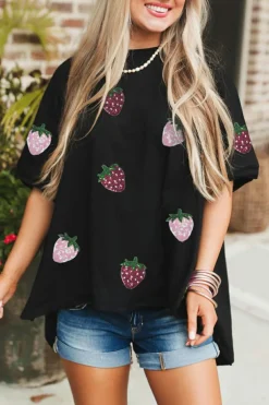 Fashion Dear-Lover Sequin Strawberry Graphic High Low Relaxed Fit Tee Black