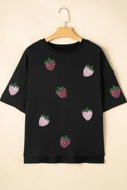Fashion Dear-Lover Sequin Strawberry Graphic High Low Relaxed Fit Tee Black
