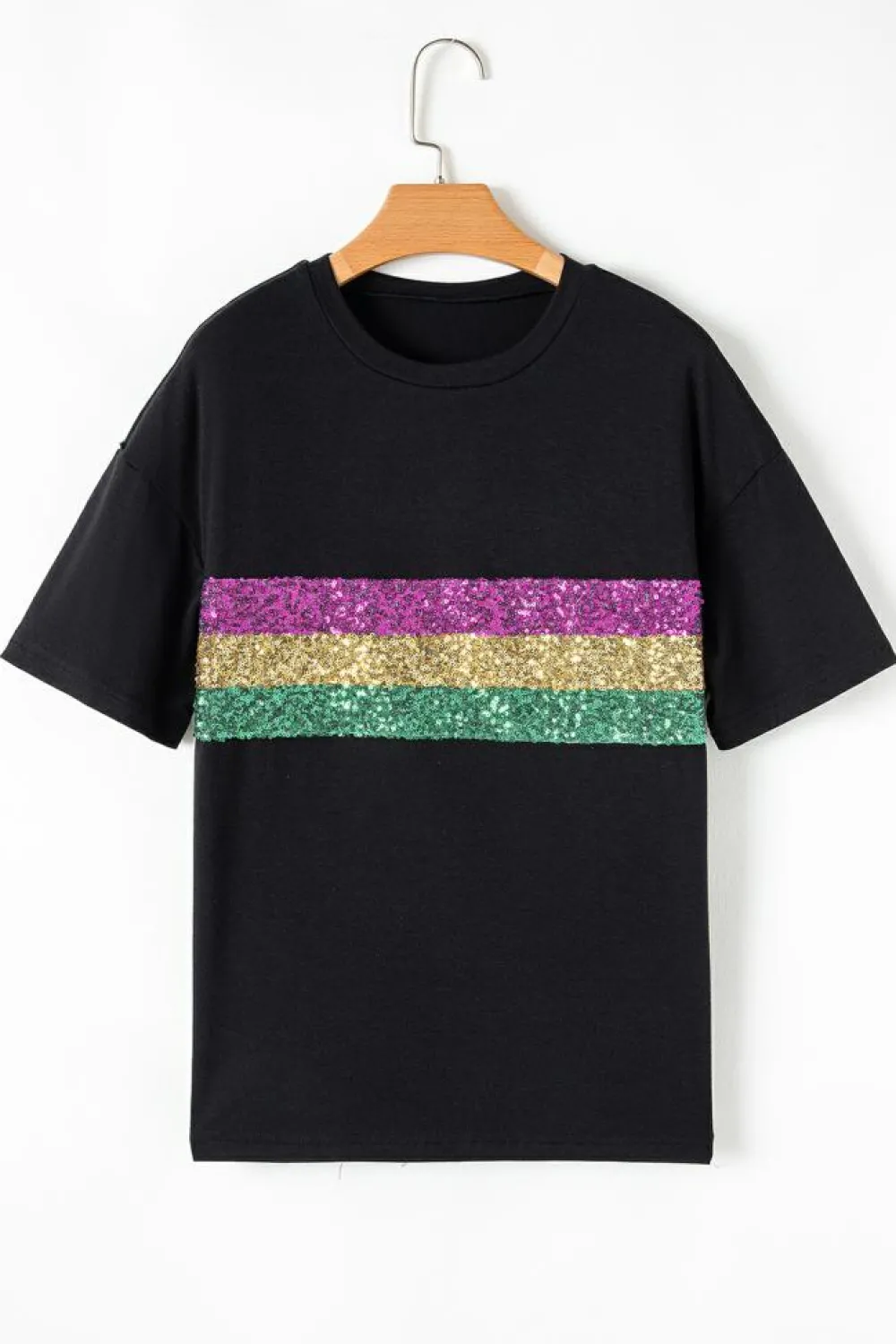 Best Dear-Lover Sequin Stripes Patchwork Mardi Gras Crew Neck T Shirt Black
