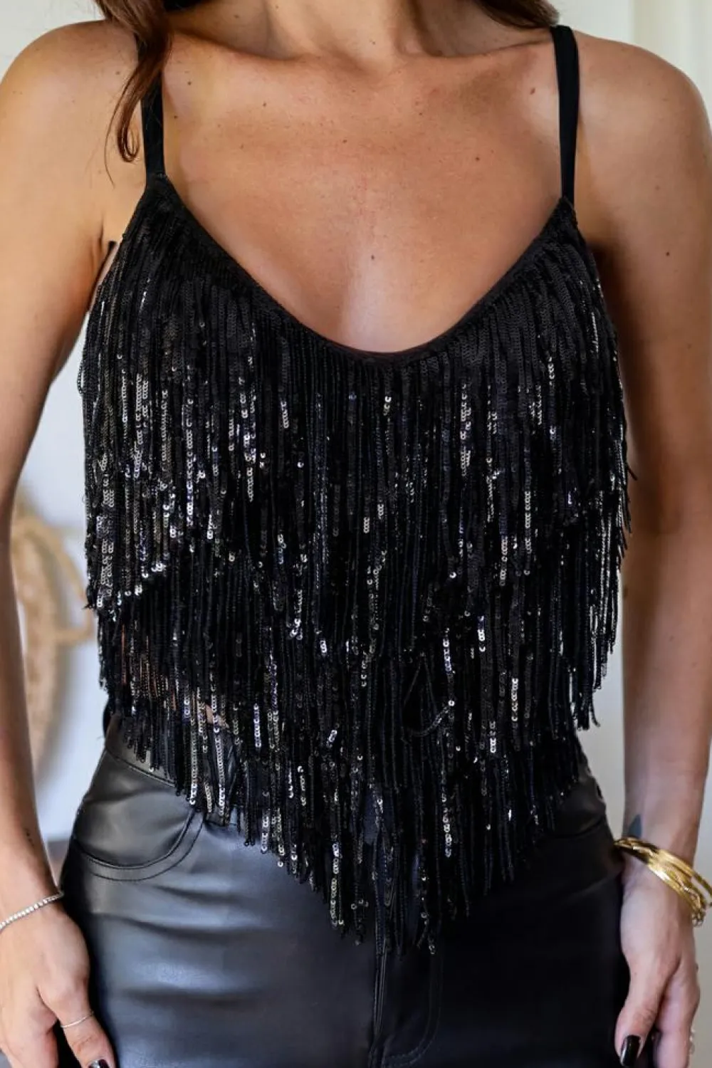 Online Dear-Lover Sequin Tasseled Tank Crop Top Black