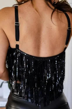 Online Dear-Lover Sequin Tasseled Tank Crop Top Black