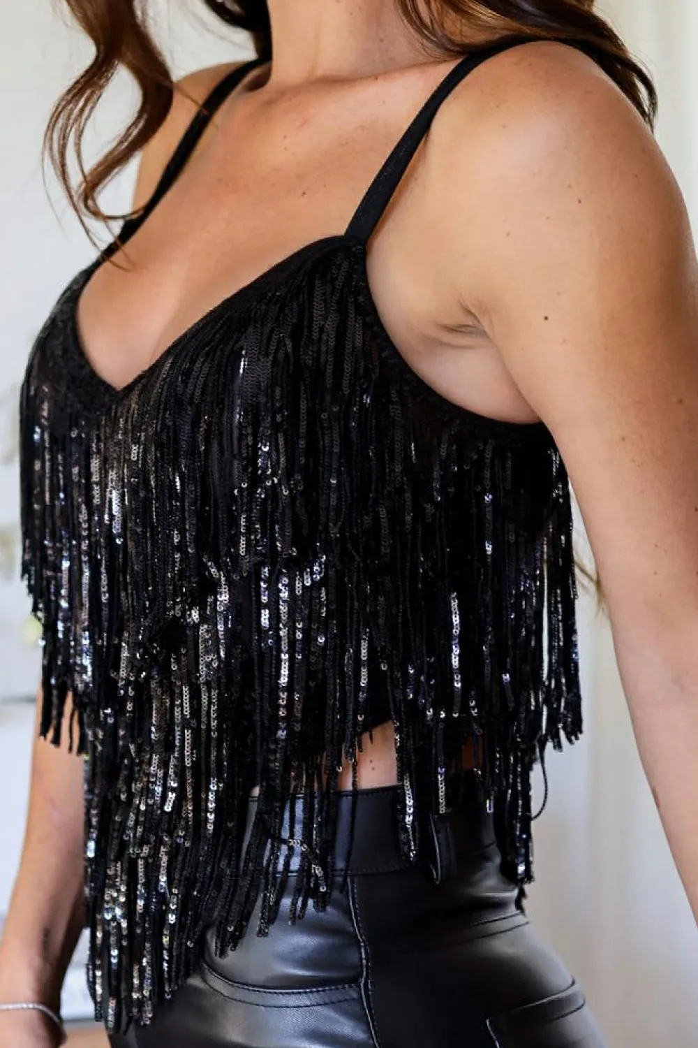 Online Dear-Lover Sequin Tasseled Tank Crop Top Black