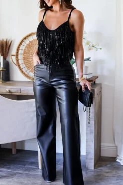 Online Dear-Lover Sequin Tasseled Tank Crop Top Black