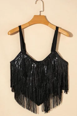 Online Dear-Lover Sequin Tasseled Tank Crop Top Black