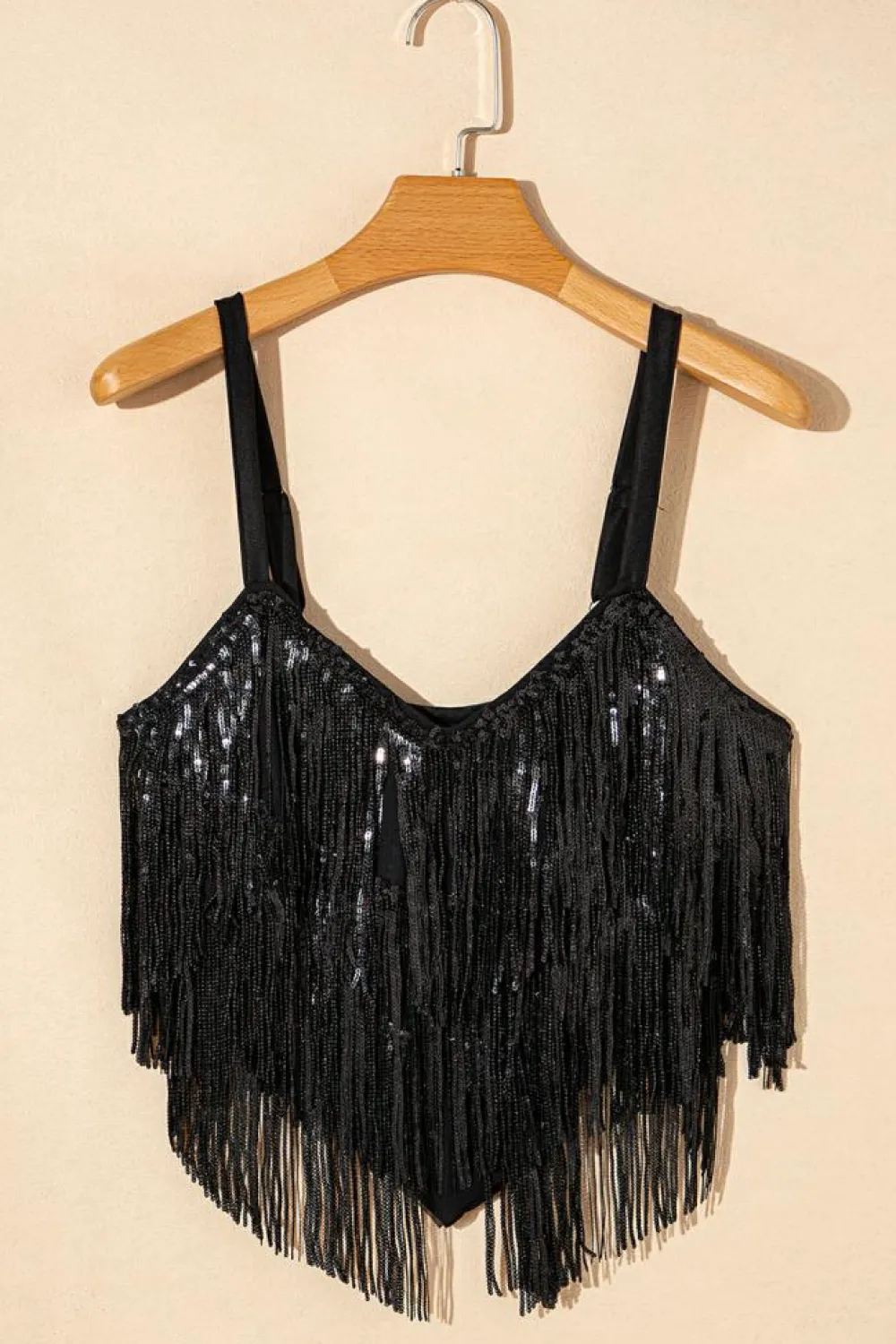 Online Dear-Lover Sequin Tasseled Tank Crop Top Black