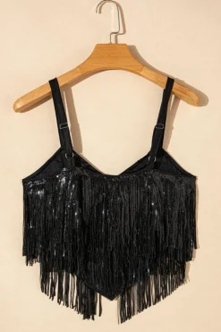 Online Dear-Lover Sequin Tasseled Tank Crop Top Black