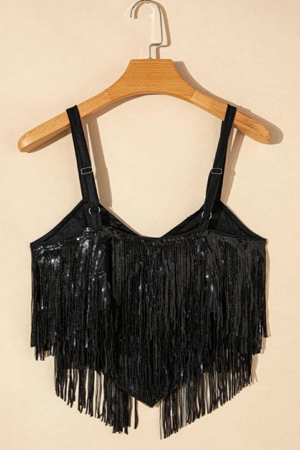 Online Dear-Lover Sequin Tasseled Tank Crop Top Black