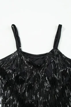 Online Dear-Lover Sequin Tasseled Tank Crop Top Black