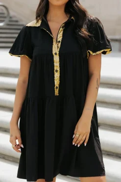 Outlet Dear-Lover Sequin Trim Bubble Sleeve Game Day Shirt Dress Black