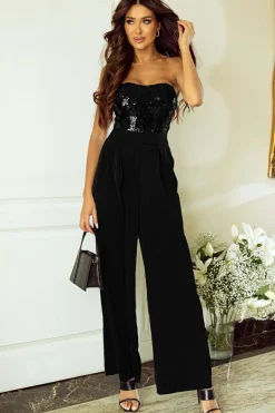 Hot Dear-Lover Sequin Tube Top Wide Leg Jumpsuit Black