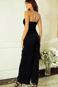 Hot Dear-Lover Sequin Tube Top Wide Leg Jumpsuit Black