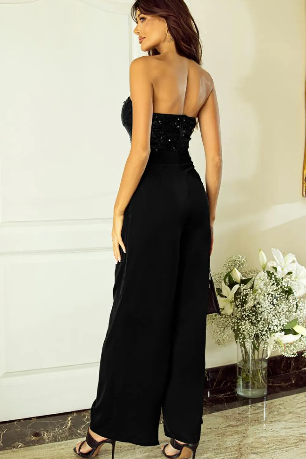 Hot Dear-Lover Sequin Tube Top Wide Leg Jumpsuit Black