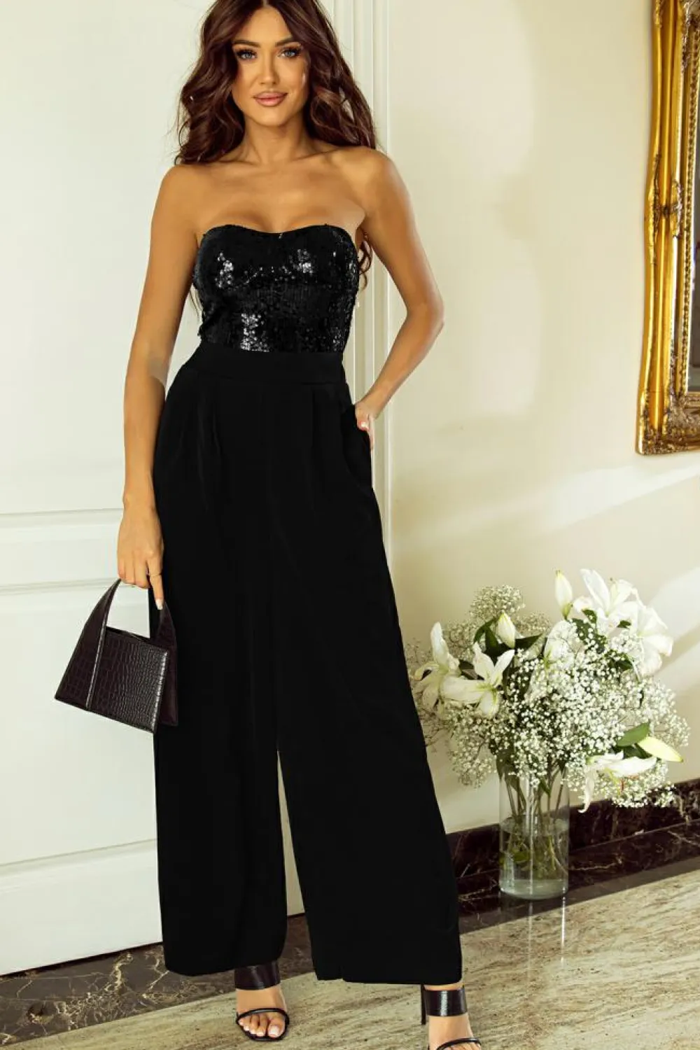 Hot Dear-Lover Sequin Tube Top Wide Leg Jumpsuit Black