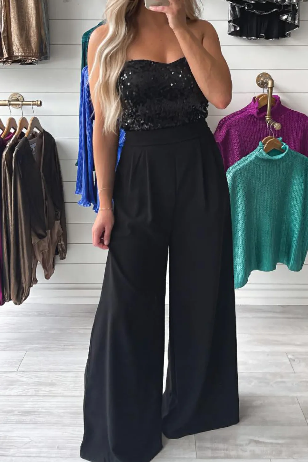 Hot Dear-Lover Sequin Tube Top Wide Leg Jumpsuit Black