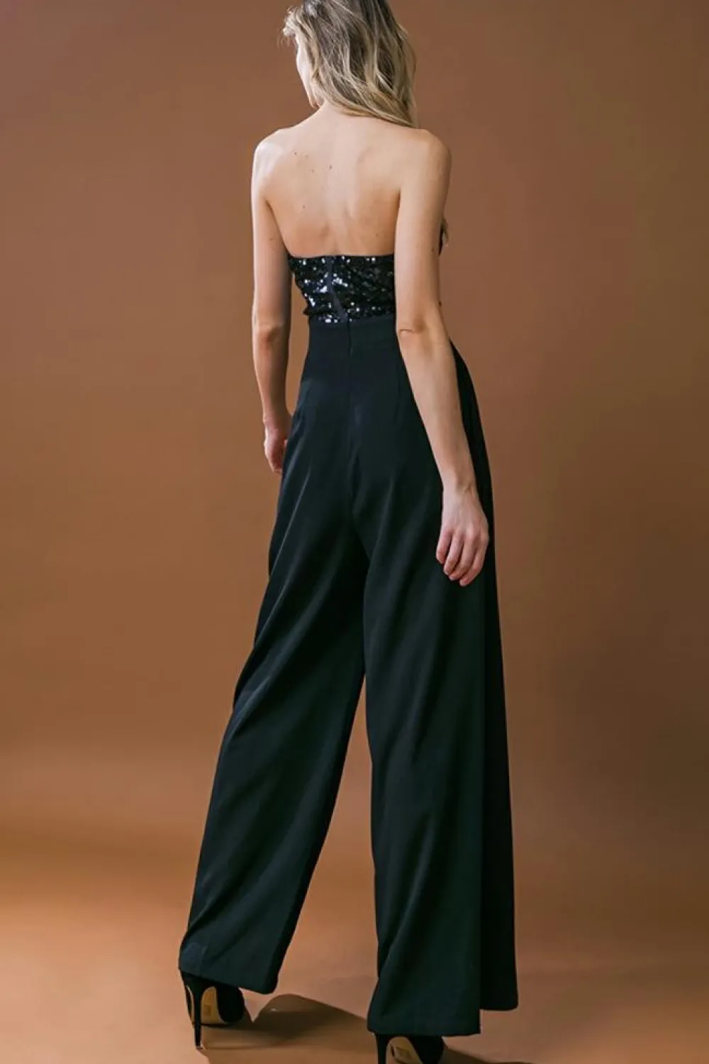 Hot Dear-Lover Sequin Tube Top Wide Leg Jumpsuit Black