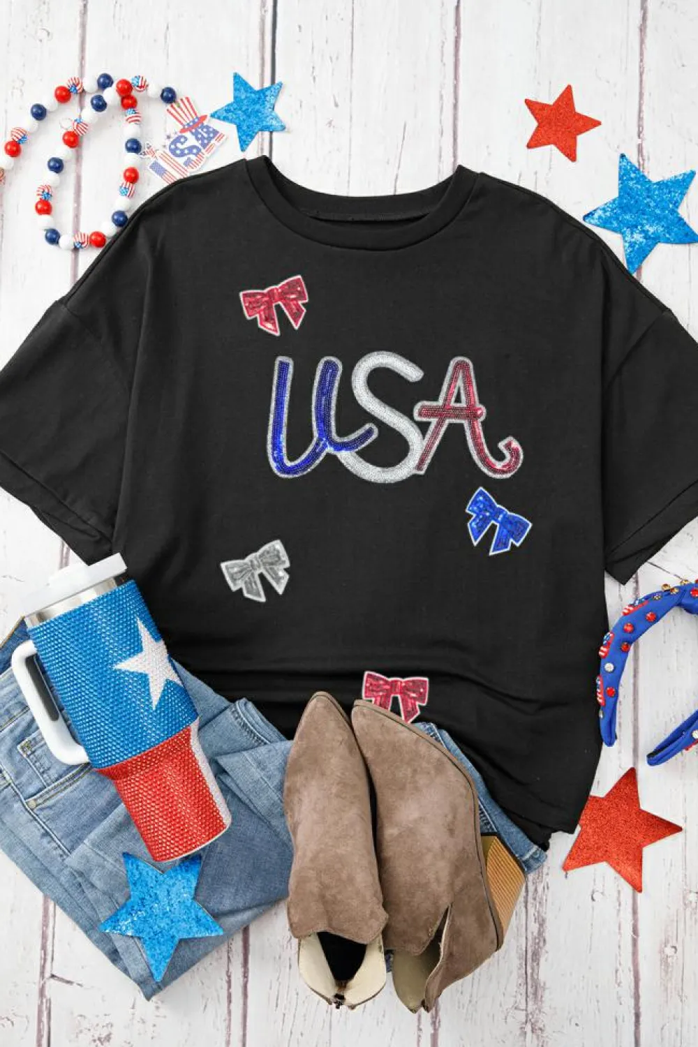 Outlet Dear-Lover Sequin USA Bow Graphic Independence Day T Shirt Black